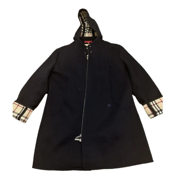 Burberry Coat Women Size US 18 - Wool Navy Blue Nova Check Hooded Authenticated - Picture 1 of 9